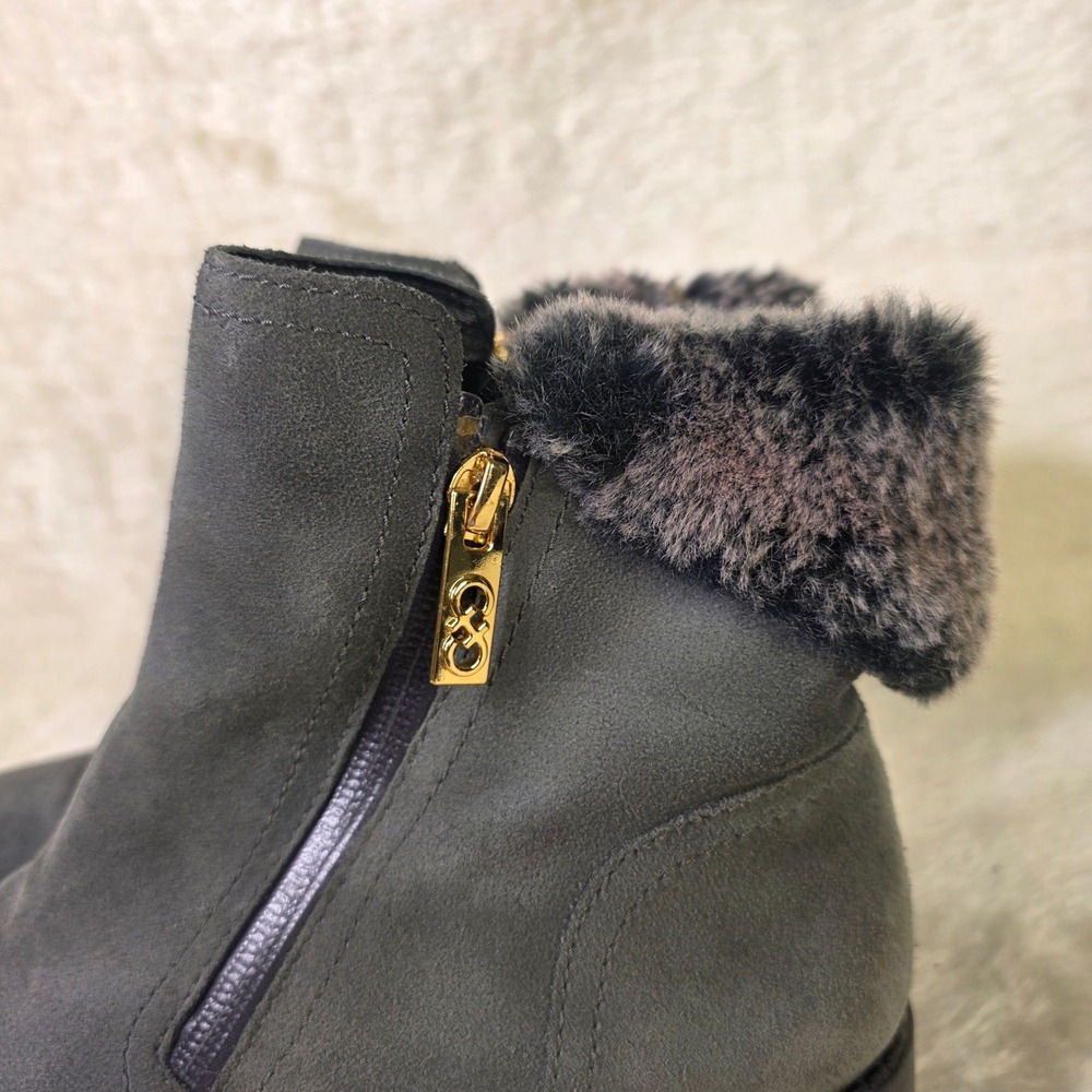 Cole Haan Suede Ankle Boots Grey Faux Fur Trim Waterproof Women 7B Excellent - Picture 2 of 8